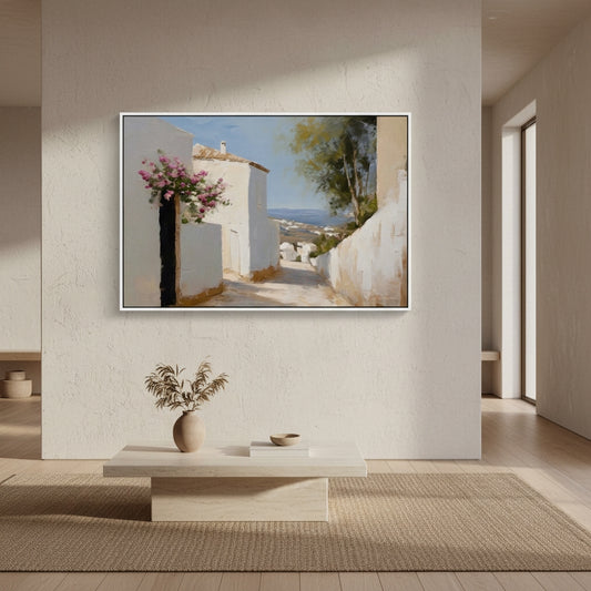 Framed artwork of a scenic landscape on a wall in a modern interior setting.