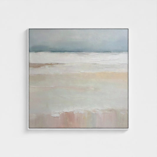 Abstract painting with horizontal brushstrokes in soft colors on a white background