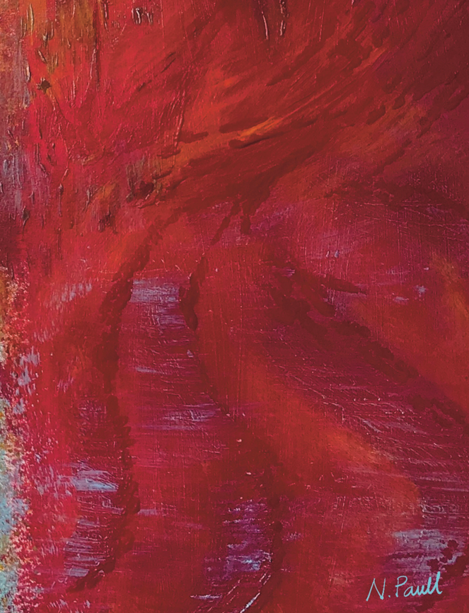 Abstract painting with bold red and pink brush strokes