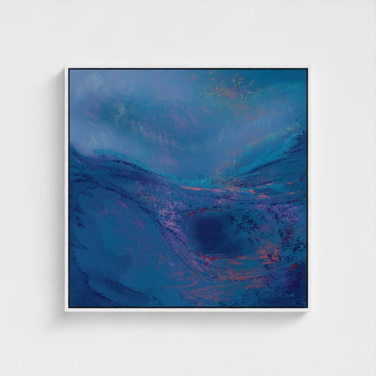 Abstract artwork with swirling blue and purple colors on a white background