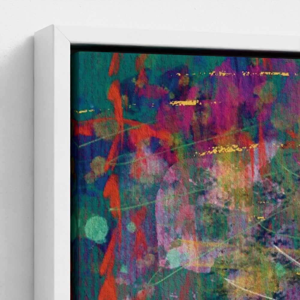 Colorful abstract painting with a white frame on a gray background