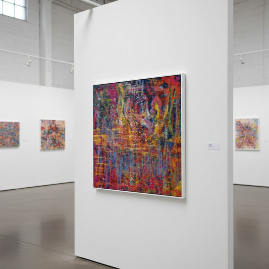Colorful abstract painting in an art gallery setting