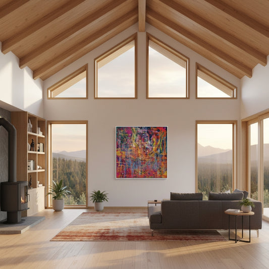 Modern living room with high ceilings, large windows, and a colorful abstract painting.
