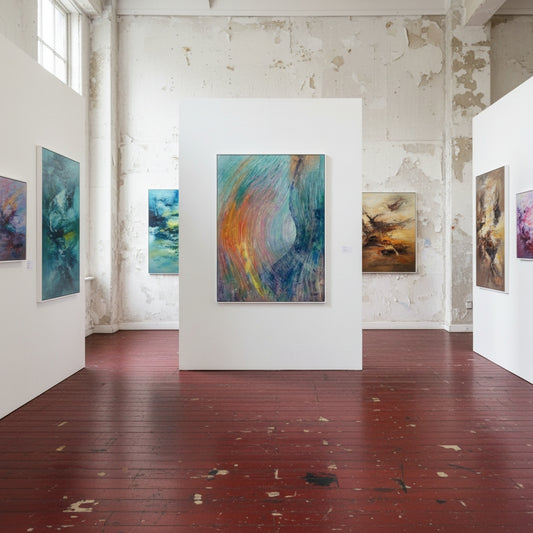 Art gallery with abstract paintings on white walls and a red floor.