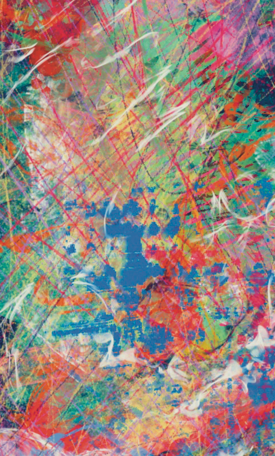 Abstract art with splashes of red, blue, green, and white.