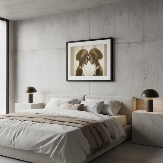 Modern bedroom with a bed, nightstands, and wall art.