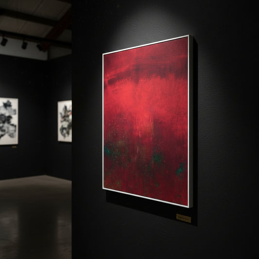 Abstract red painting in a dark gallery setting