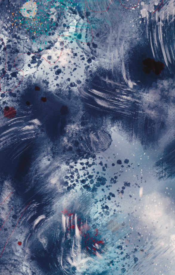 Abstract art with blue, white, and red colors on a textured background