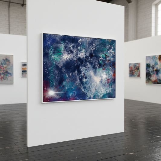 Art gallery with abstract artwork on white walls