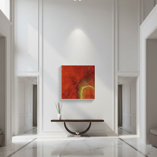 Modern interior with a red abstract painting on a white wall