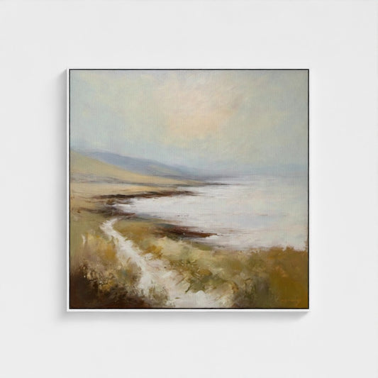Framed painting of a landscape with a path and water on a white background