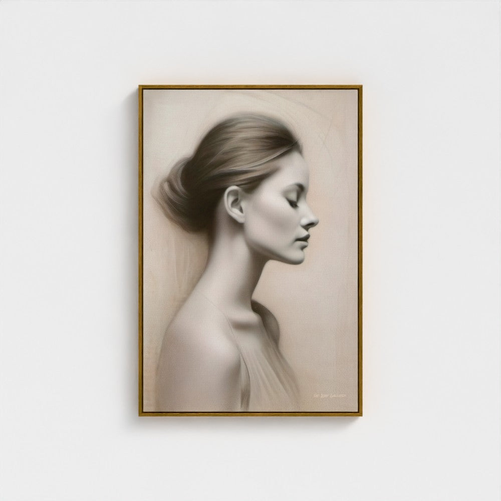 a portrait of a womans profile framed in gold float frame