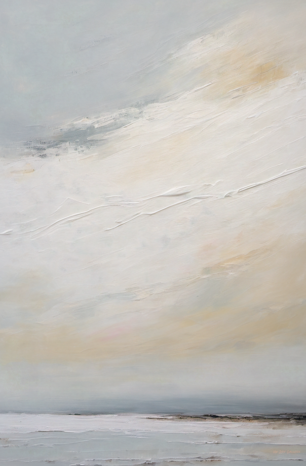 Abstract painting with soft, blended colors on a textured surface