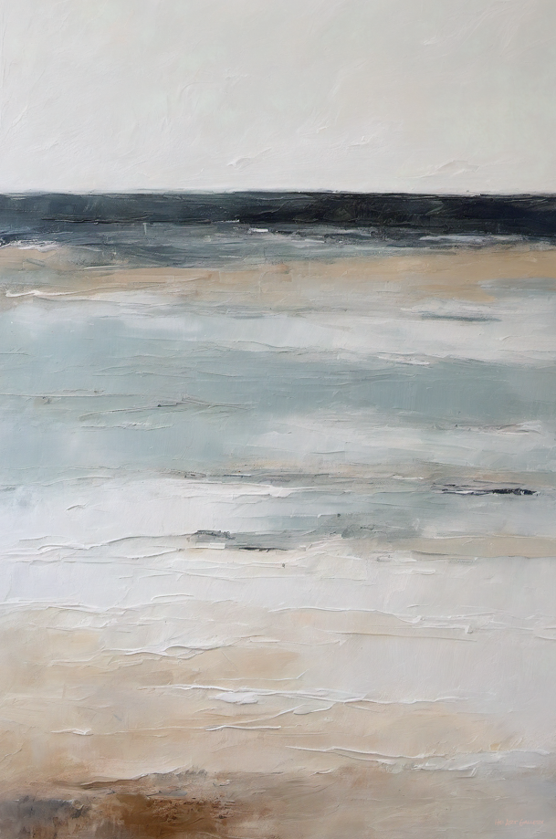 Abstract painting with horizontal brushstrokes in beige, brown, and gray on a light gray background