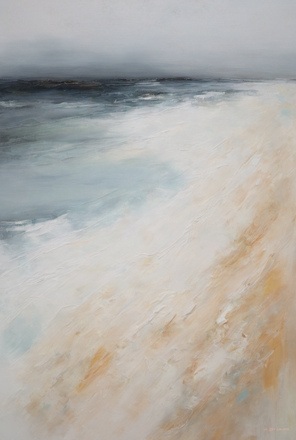 Abstract painting with wavy patterns in white, beige, and blue.