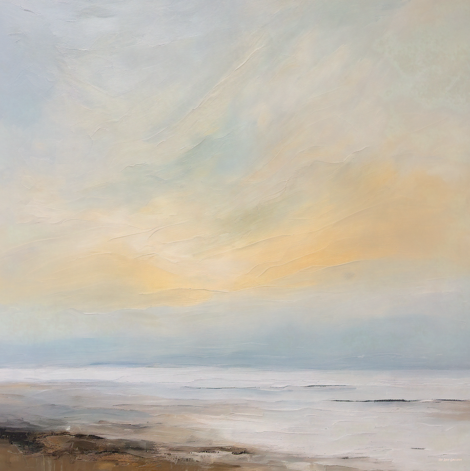 Abstract painting of a landscape with soft colors and a horizon line.