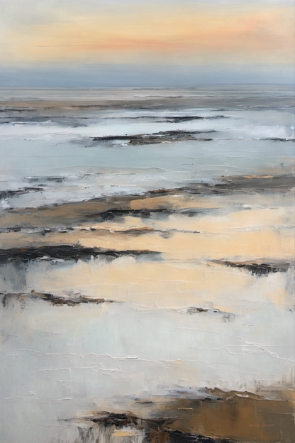 Abstract painting with horizontal brushstrokes in beige, brown, and gray.