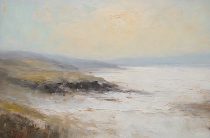 Painting of a coastal landscape with a large sun in the sky.