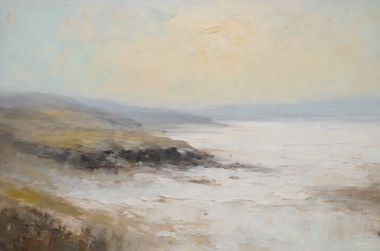Painting of a coastal landscape with a large sun in the sky.