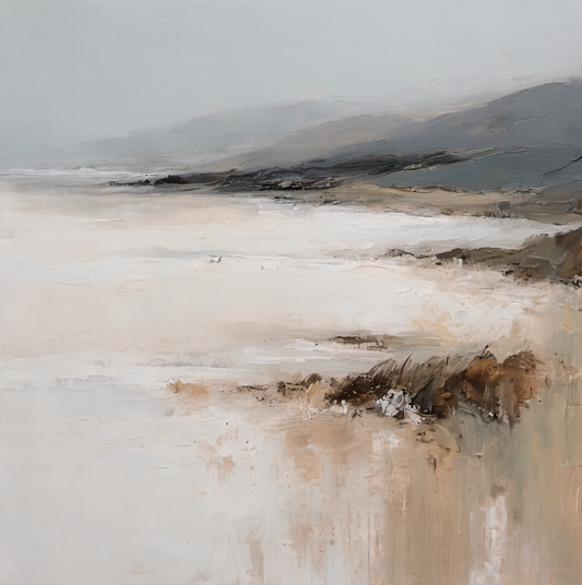 Abstract landscape painting with earthy tones and a misty background