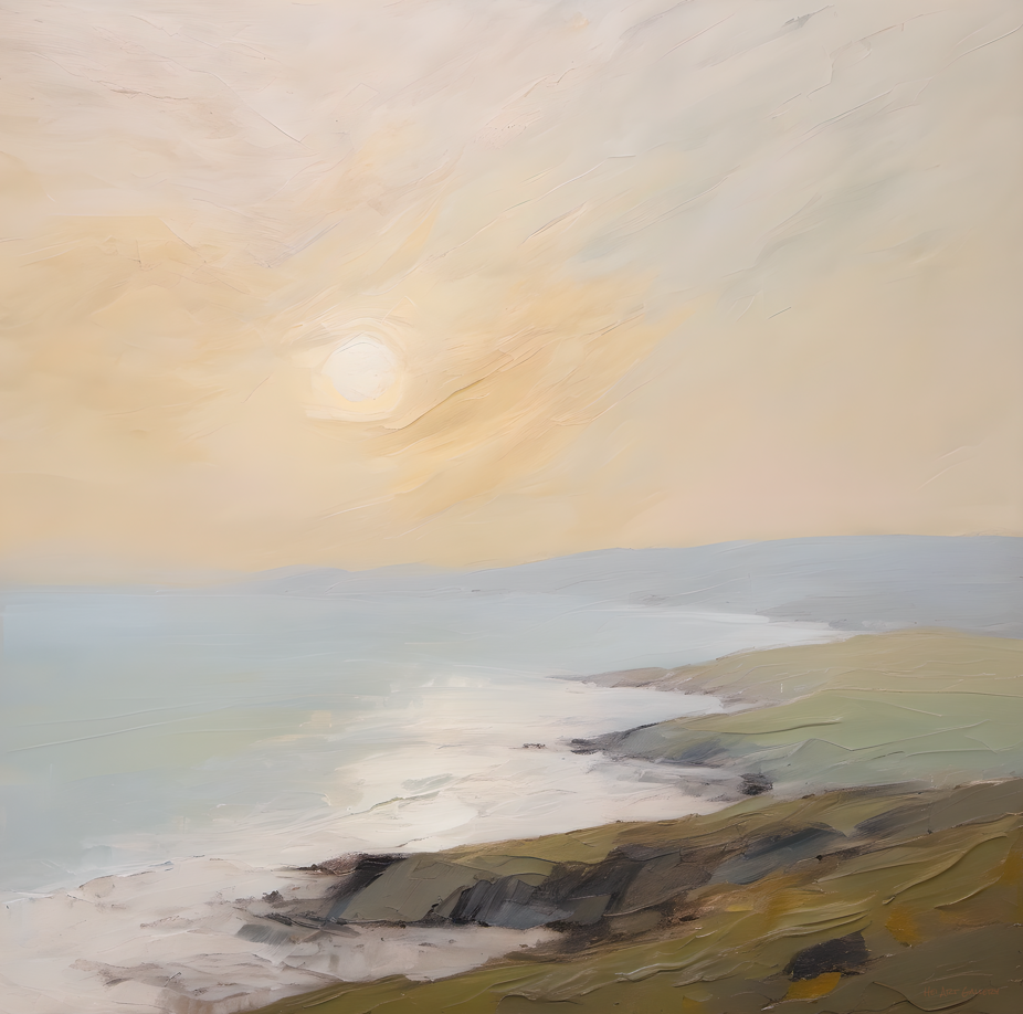 Surreal landscape with a large moon in a pastel sky over rolling hills.