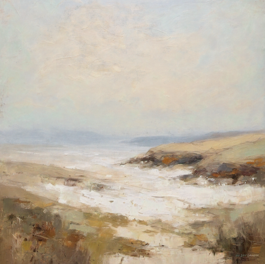 Painting of a coastal landscape with a misty sky and rocky shore.