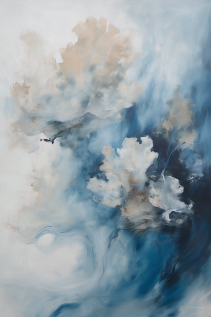 Abstract artwork with swirling blue and beige colors