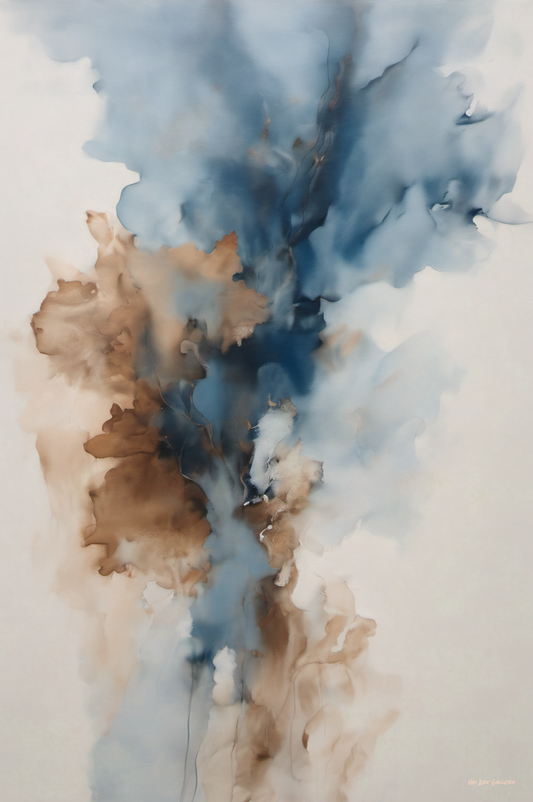 Abstract art with blue, brown, and white colors on a textured surface