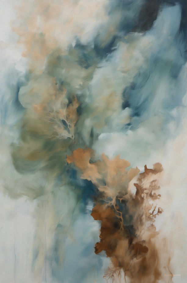 Abstract art with swirling colors of blue, green, and brown on a white background