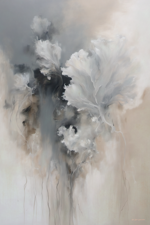 Abstract art with swirling black, white, and gray colors on a textured surface.