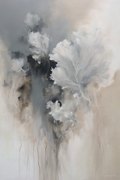 Abstract art with swirling black, white, and gray colors on a textured surface.