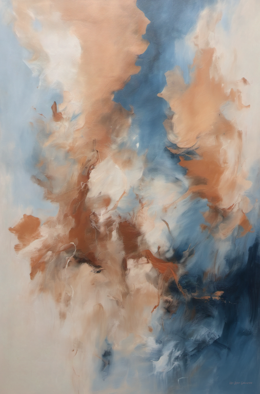 Abstract artwork with swirling colors of blue, orange, and white.