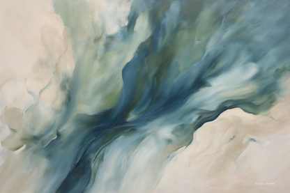 Abstract artwork with swirling blue and green colors on a beige background