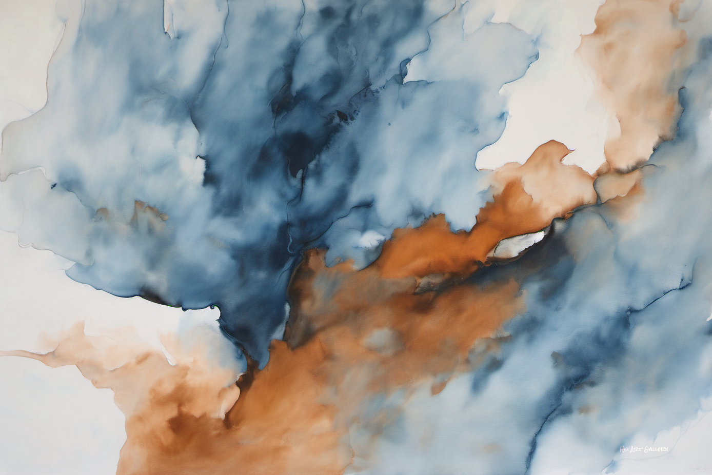 Abstract art with blue, brown, and white colors on a white background