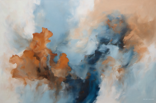 Abstract art with swirling colors of blue, orange, and white.