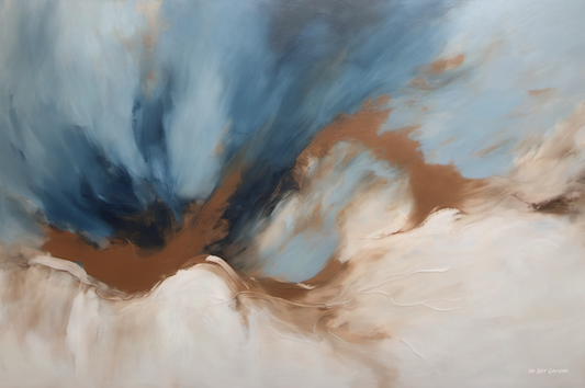 Abstract art with swirling blue, brown, and white colors