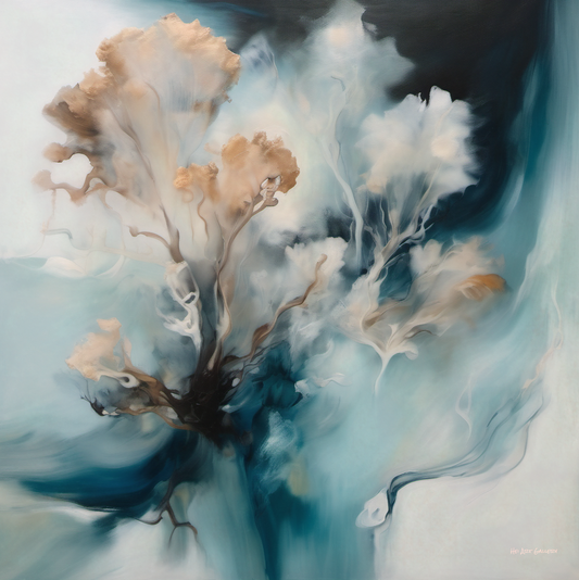 Abstract artwork with swirling colors and textures