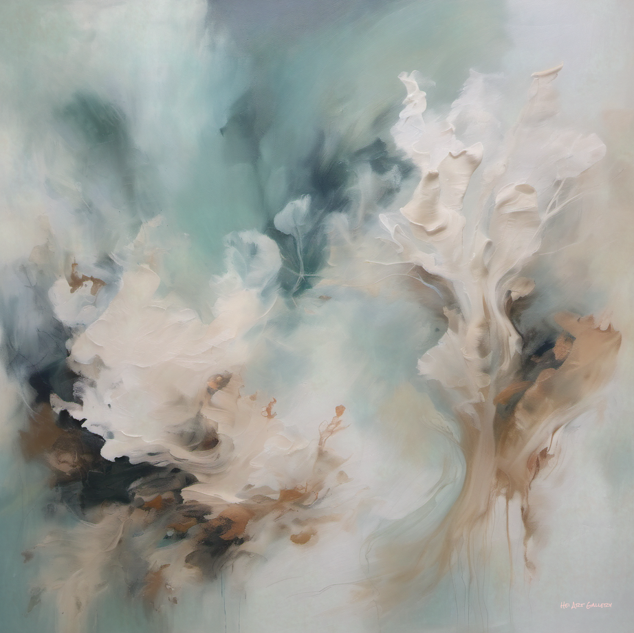 Abstract artwork with swirling colors on a light background