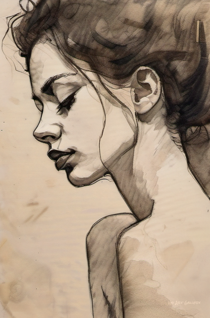 Artistic depiction of a woman's profile with detailed hair and ear on a beige background