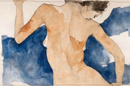 Artistic depiction of a nude figure with blue abstract shapes