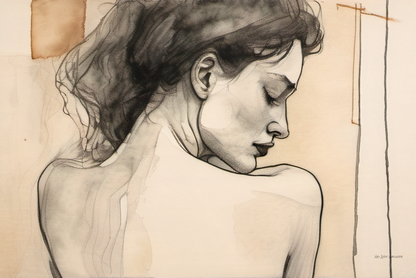 Artistic drawing of a woman's profile on beige paper