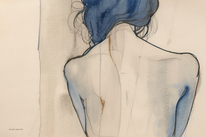 Artistic depiction of a person with blue hair and abstract body shapes on a beige background