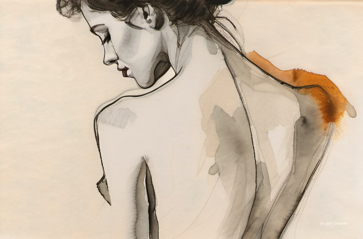 Artistic depiction of a nude figure with a focus on the shoulder and neck area.