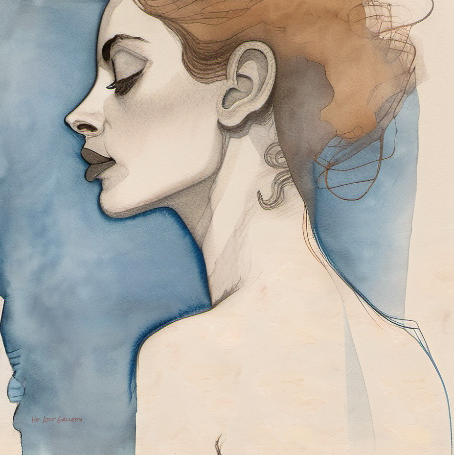 Artistic depiction of a woman's profile with a blue background