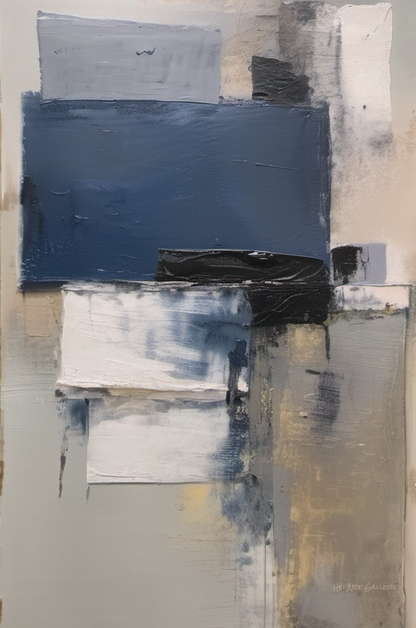 Abstract art piece with blue, white, and gray colors on a textured background