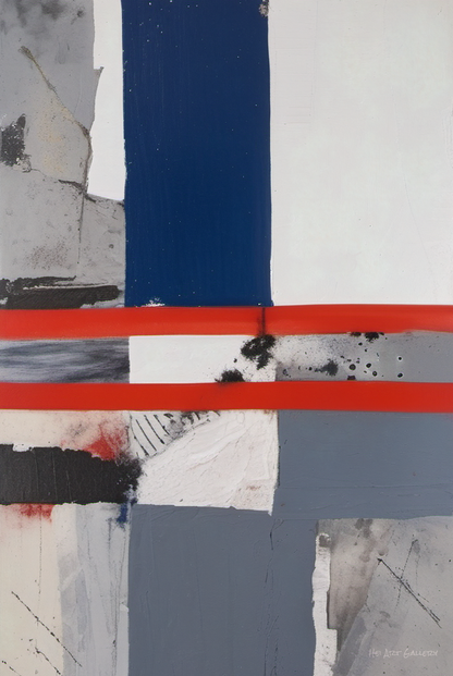 Abstract art piece with blue, red, and gray stripes on a textured background