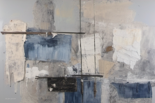 Abstract art piece with textured panels in neutral tones on a gray background