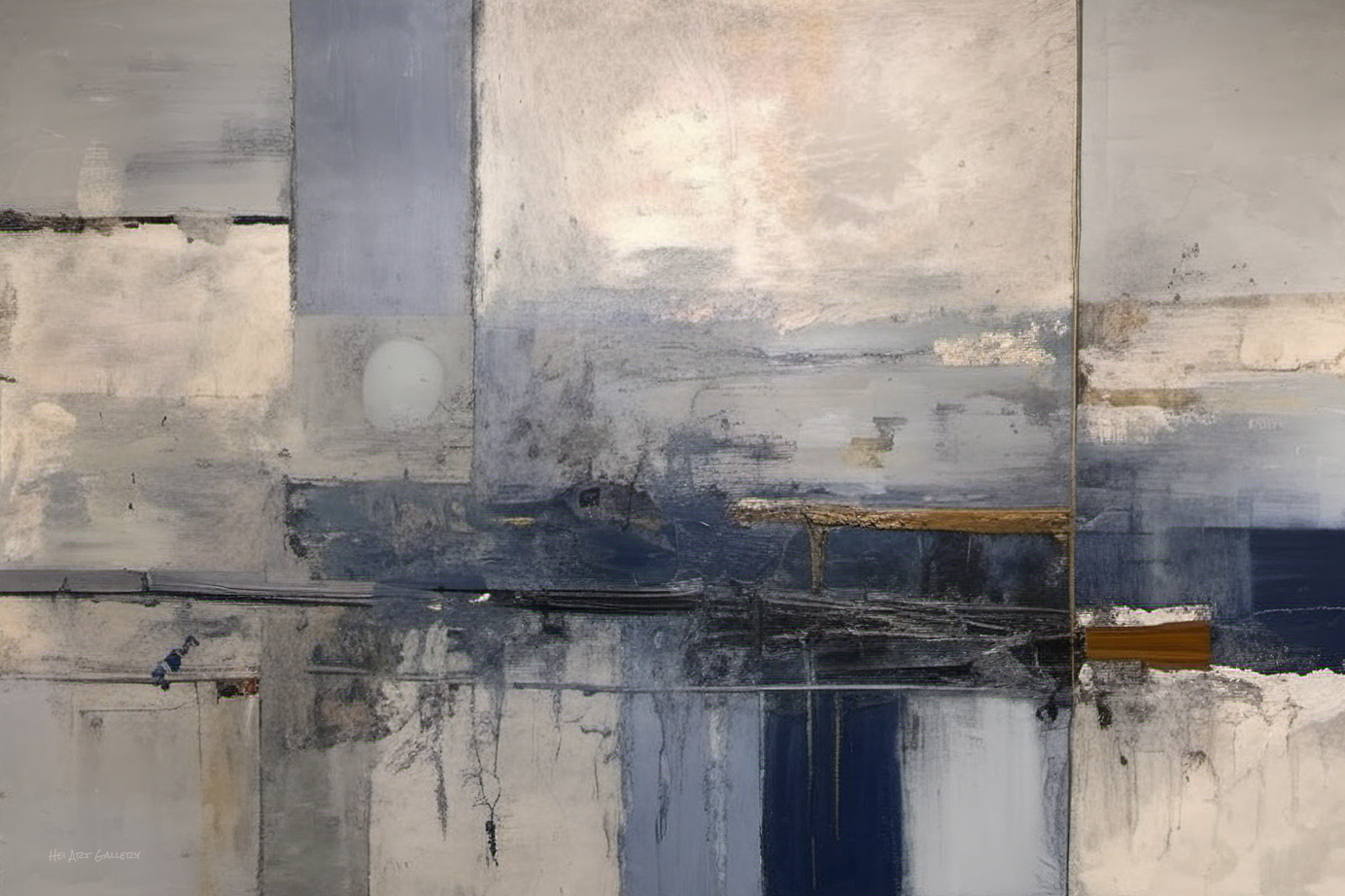 Abstract art piece with horizontal stripes in various shades of gray, blue, and black.