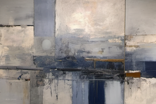 Abstract art piece with horizontal stripes in various shades of gray, blue, and black.