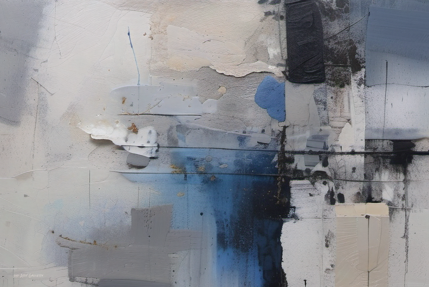 Abstract art piece with a mix of blue, black, and white colors on a textured background.